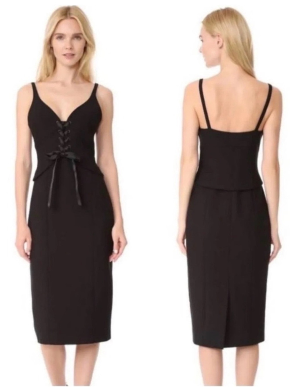 NWT Cinq à Sept Black Demia Lace-up Corset Midi Cocktail Dress Size 2